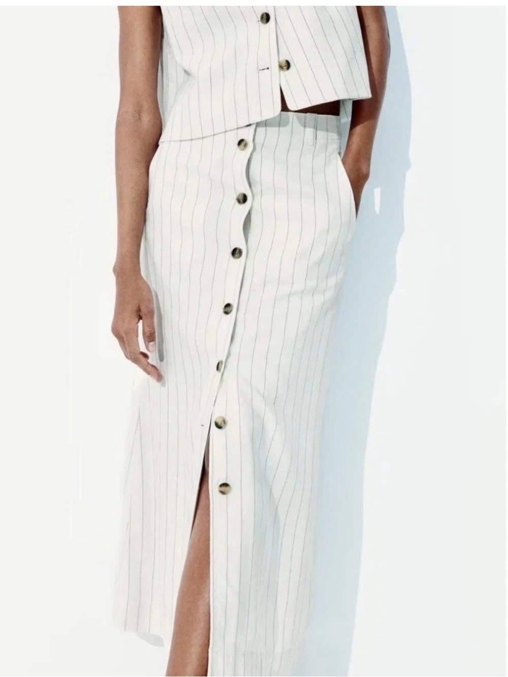 H&M NWT Cream w/ Black Pinstripe High Waist A-Line Midi Skirt Button Front sz 14
